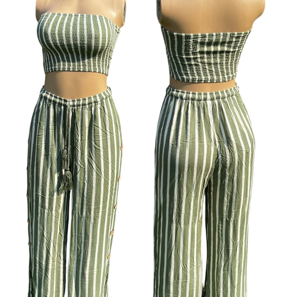 Striped Olive Green Strapless Jumpsuit